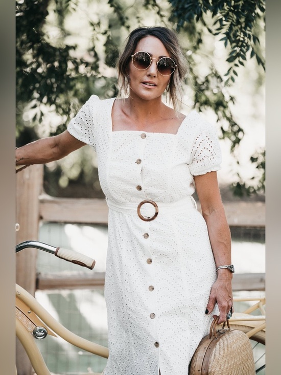 Hayden Los Angeles Dresses & Skirts - NWT Square-Neck White Eyelet Midi Dress with Belt